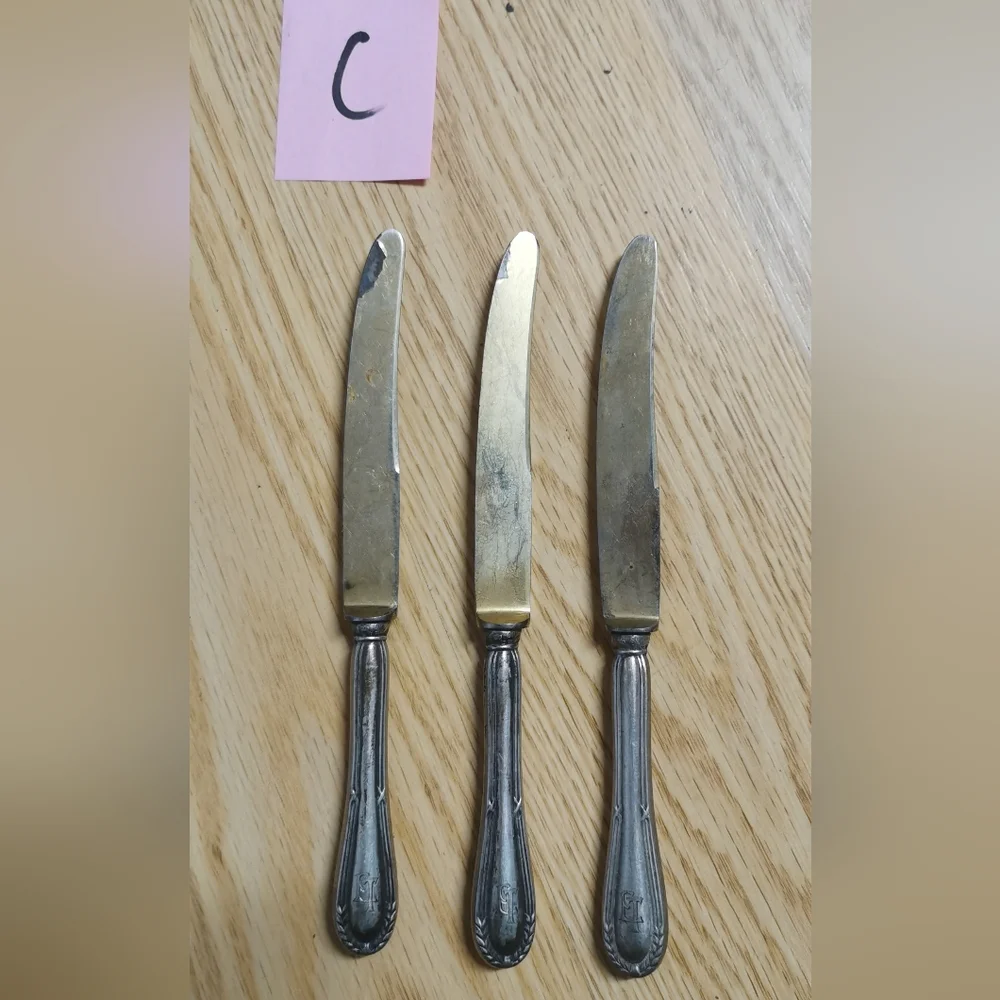 Lot of 3 c.1900 Antique German Silver Handle 800, Gold Gilded Knife 6.5